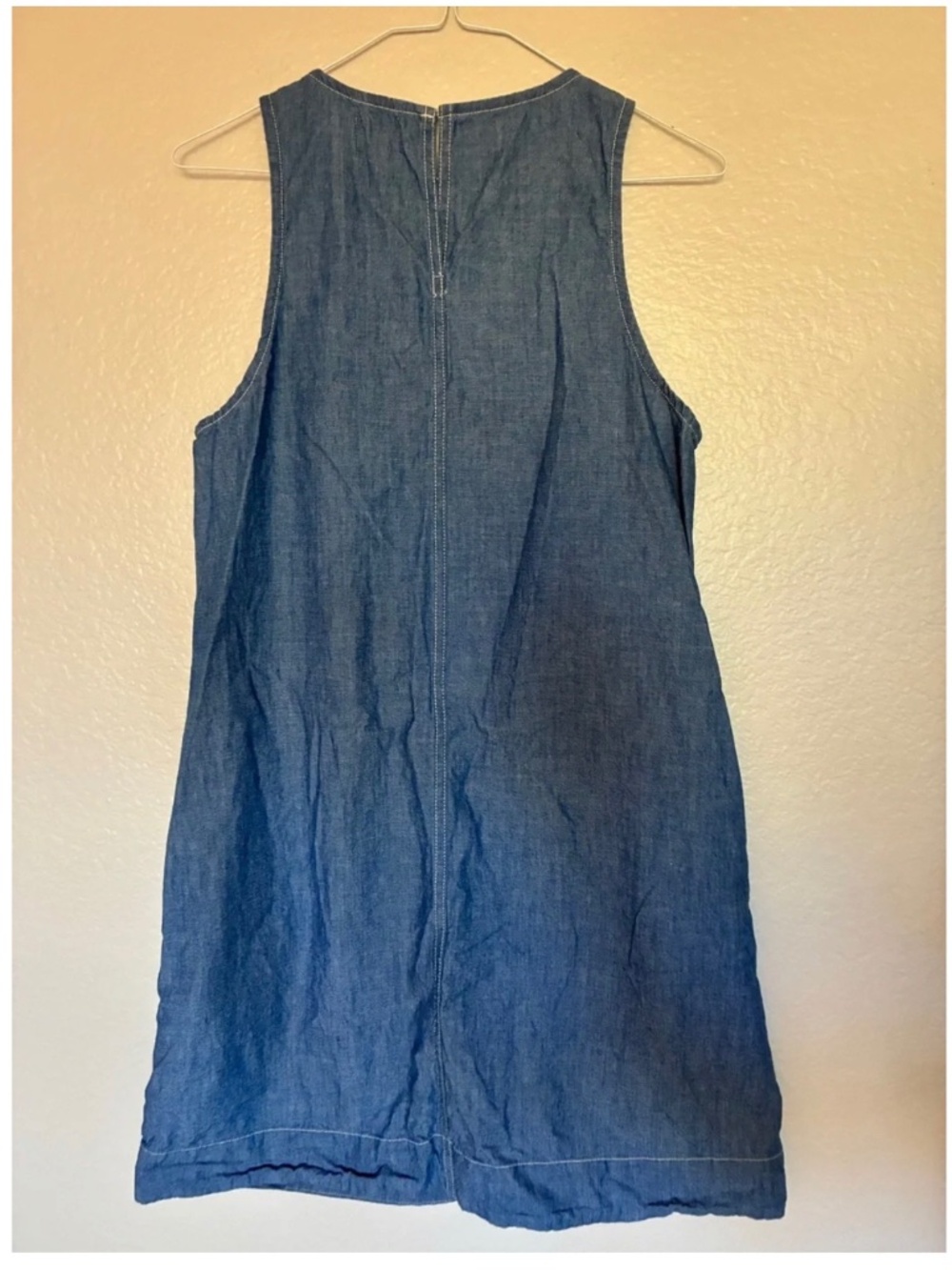 J. Crew 100% Cotton Denim Sleeveless Shift Dress Medium Blue White Lines Pockets - Picture 7 of 8